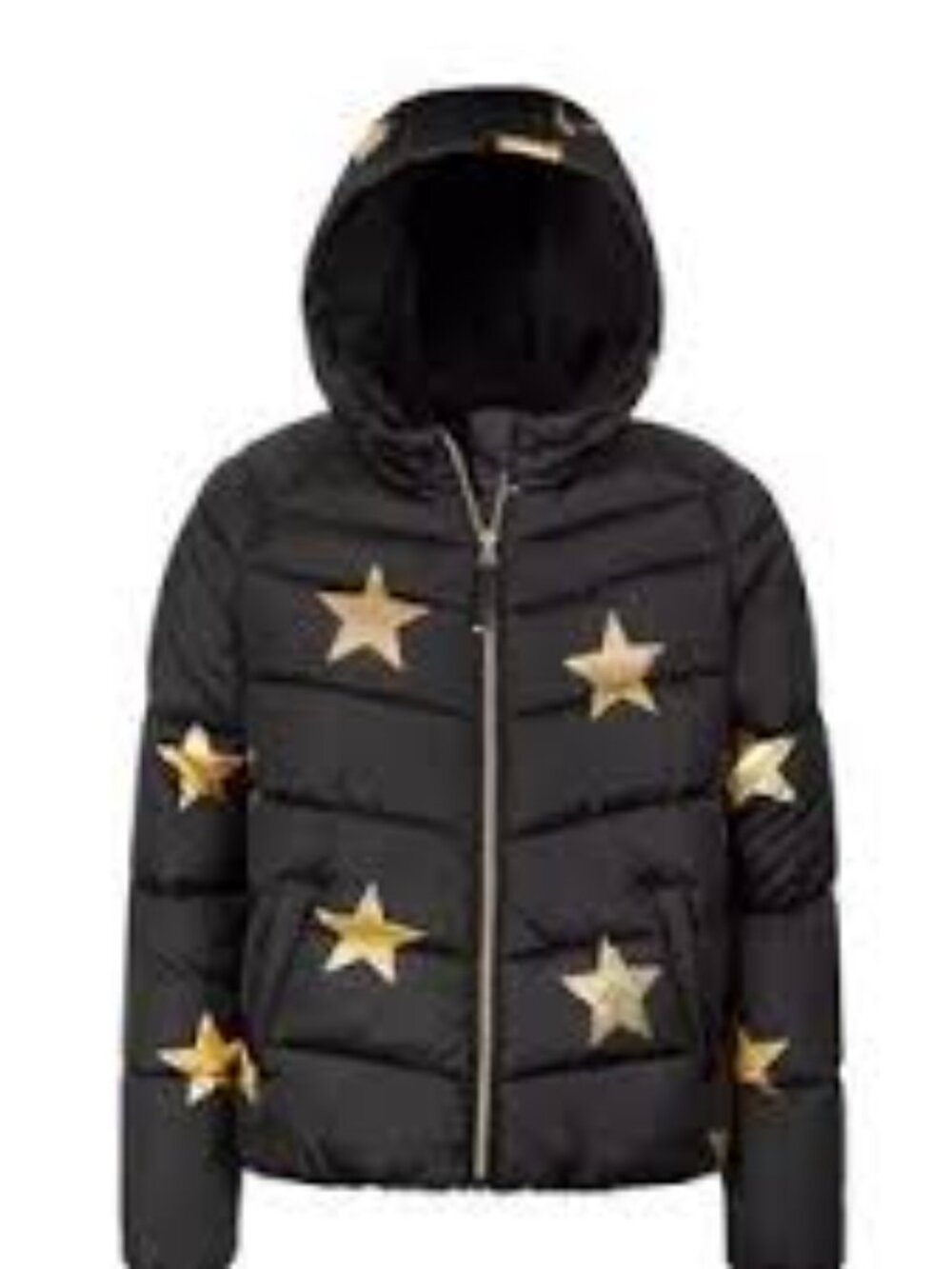 Rothschild Black Puffer Jacket with Gold Star Print and Hood sz medium (10-12)